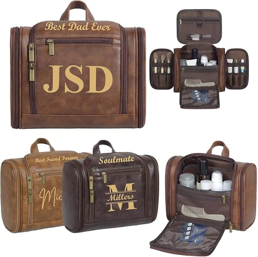 Personalized Toiletry Bag For Men, Large Capacity Travel Doop Kit, Vintage Color PU Leather, Custom Name Initials, Gifts for Dad, Husband, Boyfriend, Groomsmen, Birthday (Style 4) by BLEGGEITProfessionalHandmadeStudio