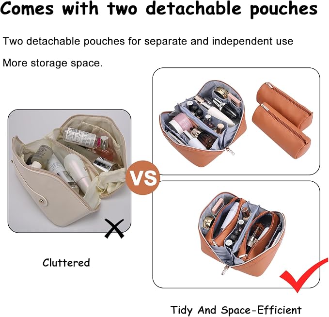 BOYATU Travel Makeup Bag Organizer Cosmetic Bag: 3 Pcs Set Make up Bags for Women with Handle - Waterproof Vegan Leather Toiletry Bags Travel Essentials Pouch with Compartments (C-02-Brown) - Image 6