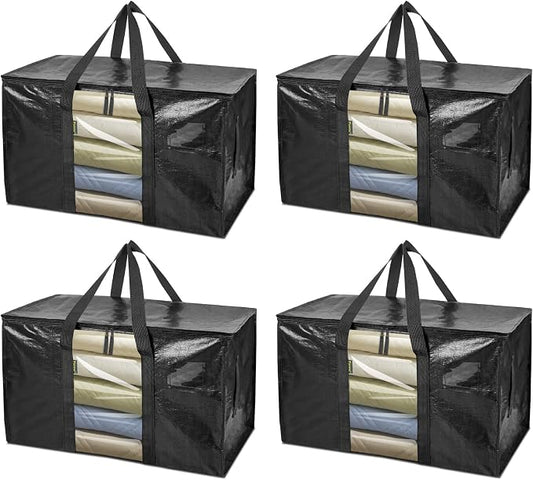 BALEINE 4-Pack Oversized Moving Bags with Reinforced Handles, Heavy-Duty Storage Tote Moving Supplies for Packaging, Camping (Black w/Window, 4-Pack) by BALEINE
