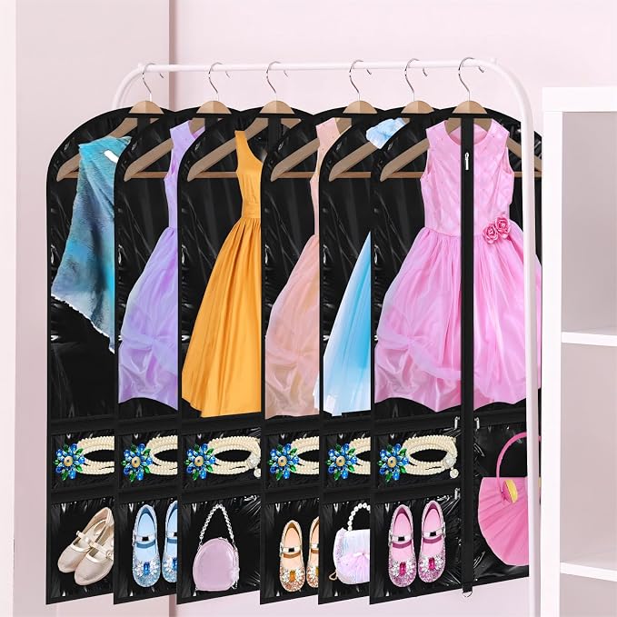 6 Pcs 24'' x 50'' Clear PVC Garment Bag Dance Costume Competition Bag with Rack Zippers Pockets Hanging Garment Covers Costume Organizer Costume Carrier for Adults Kids(Translucent Black) - Image 6