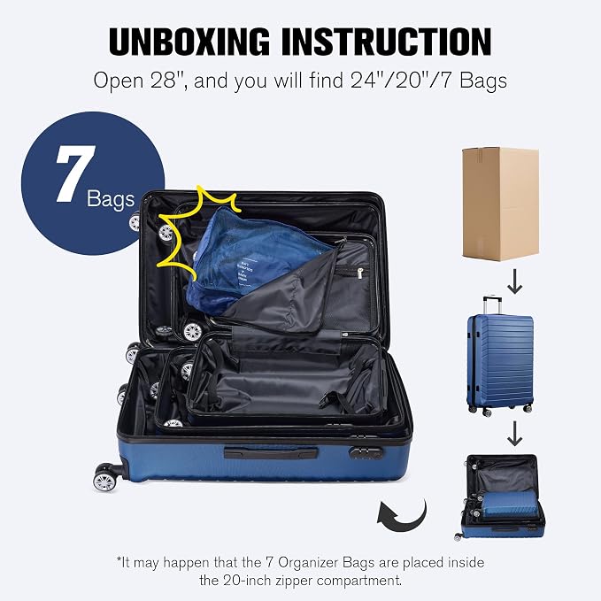 10 Piece Luggage Sets, 3 Piece Suitcase Set, 20 inch Carry on Luggage, 24 inch and 28 inch Checked Luggage with 7PC Packing Bags - Image 2