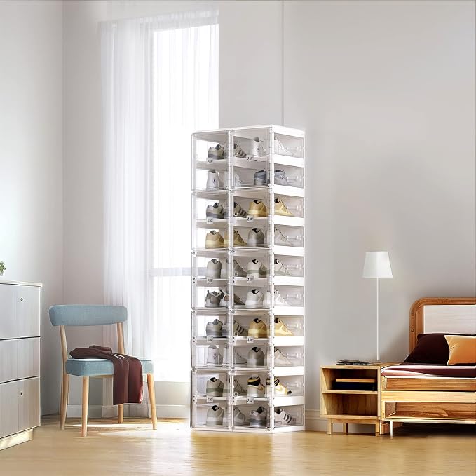 ANTBOX Collapsible Shoe Boxes Clear Plastic Stackable, Quick Setup Drop Front Shoe Organizer, Display Storage Cabinet for Sneakers10 Tiers 20 Pairs - Image 2