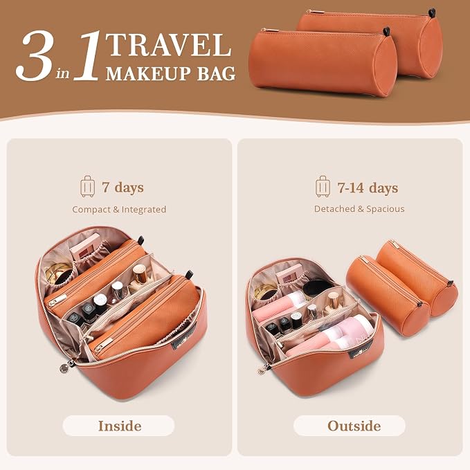 Travel Makeup Bag for Women: 3-in-1 Large Capacity Cosmetics Organizer with 2 Detachable Pouch - Vegan Leather Flat Open Toiletry Bag - Travel Essentials for Full-Sized Bottles(Orange) - Image 2