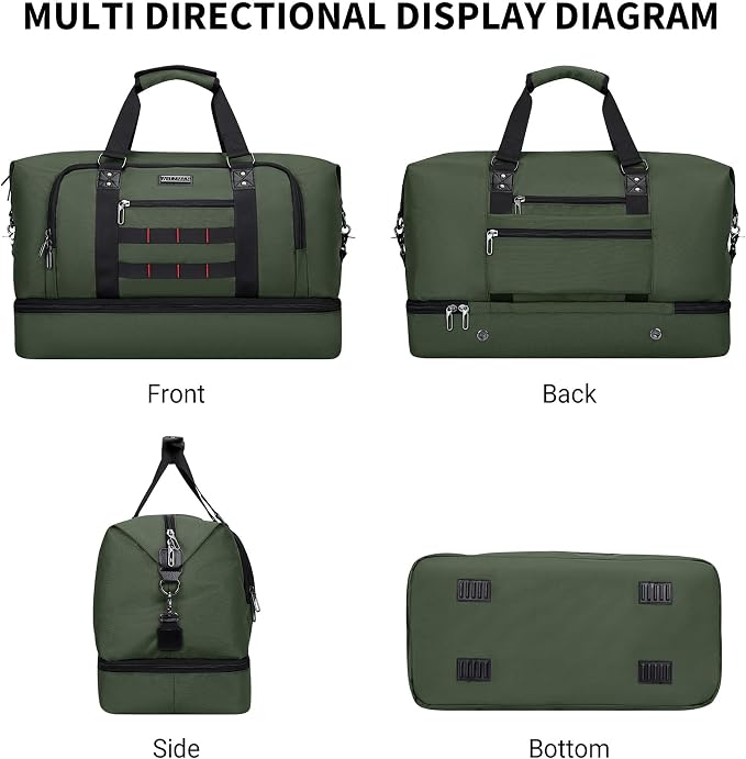 WITZMAN Nylon Duffle Bag for Men 55L with Toiletry Bag Sets Overnight Bag | Multi-pockets with Shoe Compartment and Dry-wet Pocket, Carry On, Convertible for Gym, Overnight, Sports, B696 Army Green - Image 8