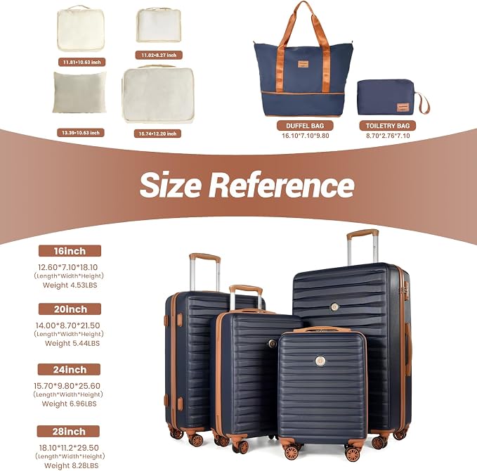 Travelhouse 10-Piece Hardshell Luggage Set with Spinner Wheels & TSA Lock | Lightweight ABS+PC hardside set includes 16", 20", 24", 28" suitcases + cosmetic case + duffel bag + packing cubes - Image 4