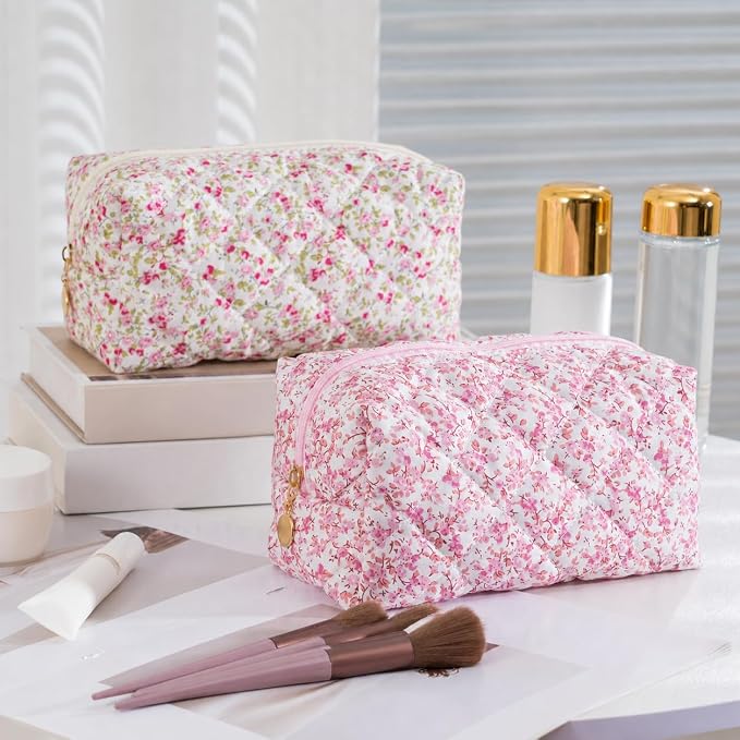 Makeup Bag Travel Toiletry Bag for Women, Small Floral Cosmetic Bags Cute Quilted Cotton Makeup Pouch for Purse Emergency Bag Pencil Case Accessory Bag, Spring - Image 7