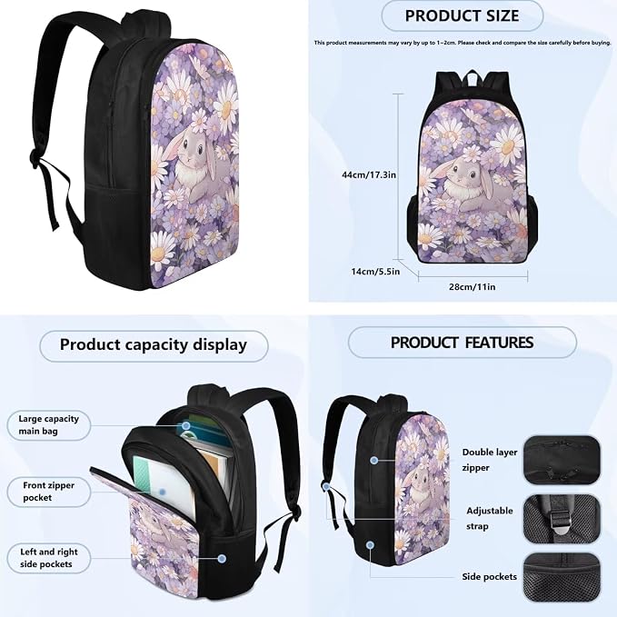 Daisy Bunny Backpack for Girls Kids Backpack with Lunch Box Water Bottle Holder with Strap and Pencil Case 4PCS Set Bookbag with Compartments for School Teens 17 inch Lightweight School Bag - Image 4