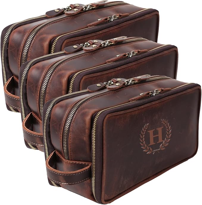 Personalized Leather Toiletry Bag for Men, 1/3/6pcs Wedding Gift Travel Shaving Dopp Kit - Cosmetic Bags Toiletries Bathroom Organizer - Groomsmen Gift(B3pcs) by ROCKCOW