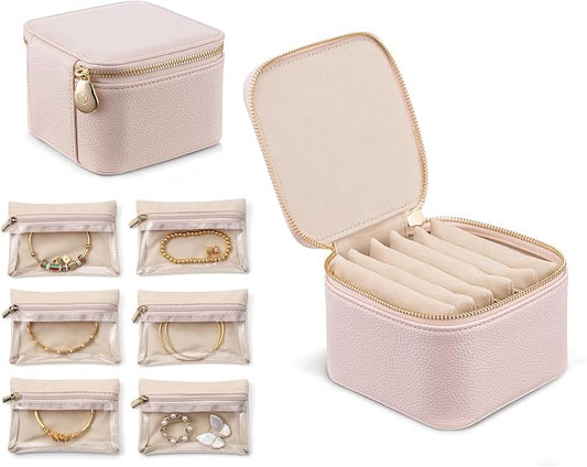 VLANDO Travel Jewelry Box Organizer – Portable PU Leather Jewelry Case with 6/8/12 Zippered Pouches, Compact Storage for Earrings Rings Necklaces Bracelets, Rosy Mauve by VLANDO