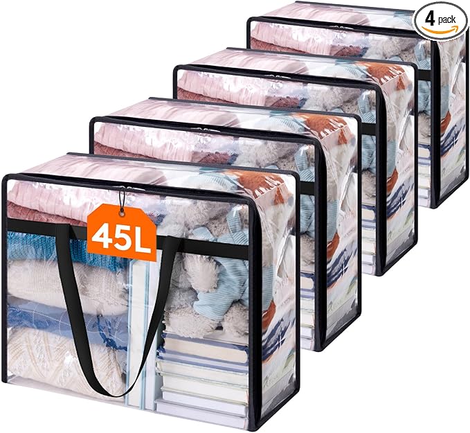 Lifewit 4 Pack Clear Clothes Storage Bags, 45L Plastic Blanket Storage Bag, Vinyl Foldable Moving Bags with Zipper, Closet Organizers and Storage Containers for Bedding, Duvet, Comforter by Lifewit