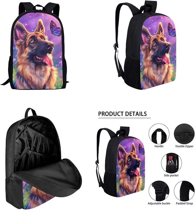 German Shepherd Backpack and Lunch Bag Set for Girls 6-8/8-10/10-12 Dog Kids Bookbag with Lunch Box Butterfly Elementary School Book Bag Lunchbag Pencil Case Student Schoolbag Back Pack - Image 2