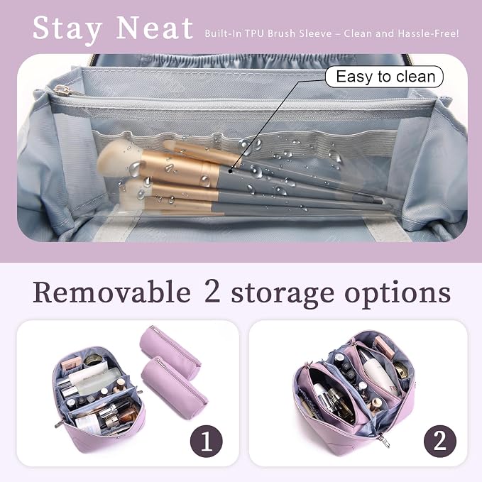 BOYATU Travel Makeup Bag Cosmetic Bags for Women: 3 Pcs Set Large Capacity Make up Bag with Handle - Waterproof Vegan Leather Toiletry Bags Travel Essentials with Compartments(C-4-Purple) - Image 4