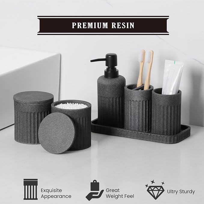 INIUNIK Bathroom Accessory Set - 6 Pieces Bathroom Accessories Set Complete with Soap Dispenser, Toothbrush Holders, Tumbler, Vanity Tray and 2 Qtip Holder for Home Organizer and Decor, Dark Grey - Image 6