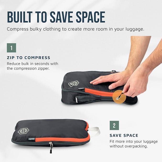 Large Compression Packing Cubes for Travel-Packing Cube Luggage Organizers 7 Piece Set for Checked Luggage-Ultralight, Expandable/Compression Bags by TRIPPED Travel Gear (Grey/Orange) - Image 5