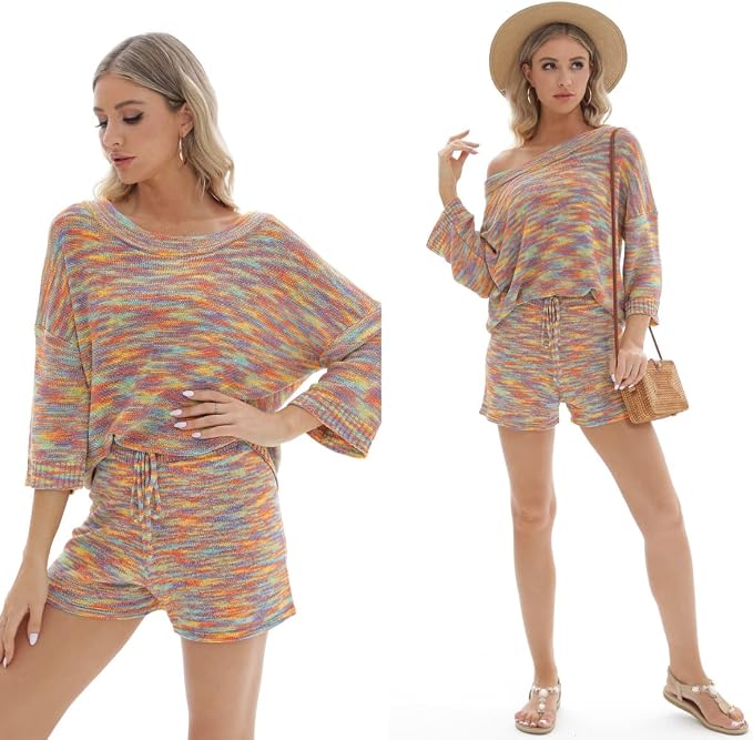 Ermonn Womens 2 Piece Outfits Sweater Sets Off Shoulder Knit Tops Waist Short Suits Casual Pajama Set - Image 4