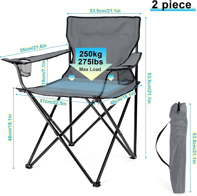HaSteeL Camping Chair for Adults, Folding Beach Chair Set of 2, Large Foldable Portable Chair for Outdoors Fishing, Hiking, Sporting, Travel, Picnic, Lawn, Hold 275lbs & A Storage Bags (Grey) - Image 2