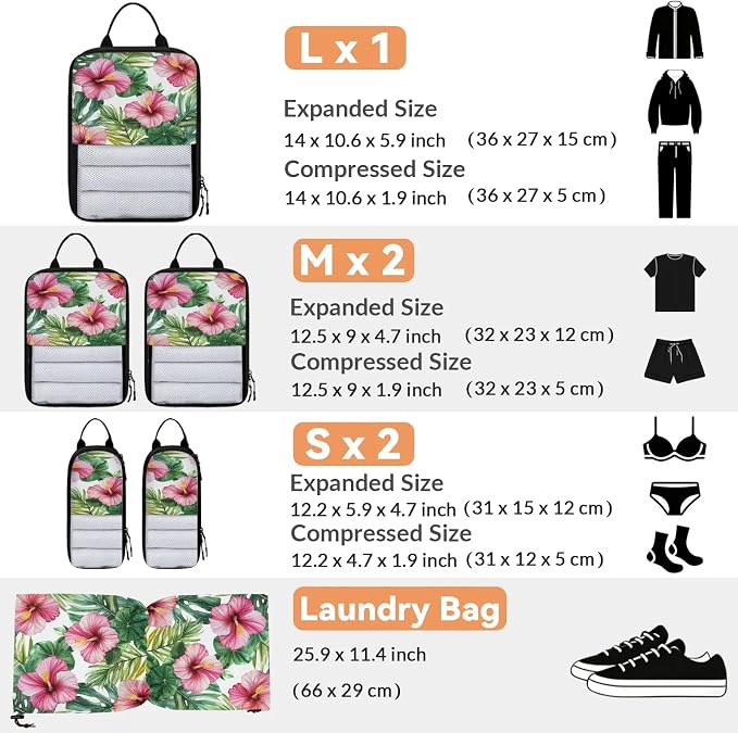 Floral Tropical 6 Set Compression Packing Cubes for Travel Luggage Carry On Suitcase Compressible Expandable Packing Cubes Organizers Bag - Image 2