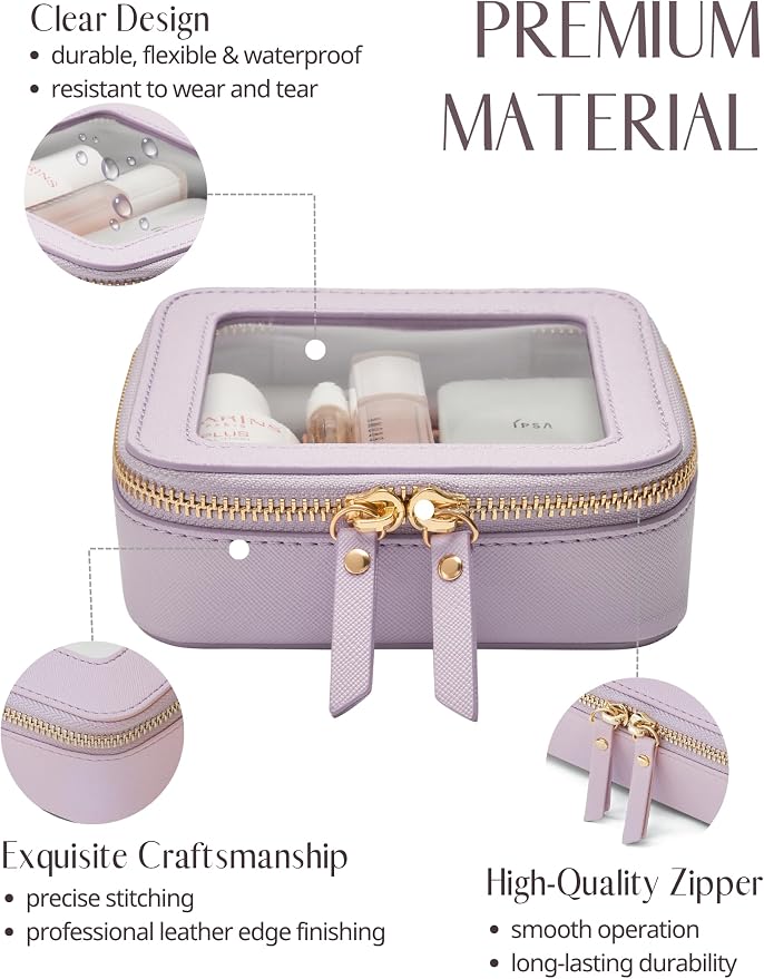 Small Cosmetic Bag for Purse Mini Makeup Bag for School Cute Clear Make Up Pouch for Travel Tiny Leather Purple Make Up Organizer Case for Backpack Toiletry Bag Waterproof Square Pouch with Zipper - Image 2