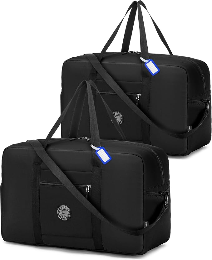 2 Piece Carry on Bag 22x14x9 Airlines Approved, 48L Canvas Travel Duffel Bags for Men Women Duffle Bag for Airplane Weekender Overnight Gym (Black) by Nixjoro