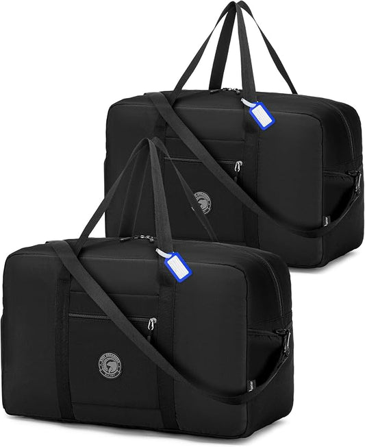 2 Piece Carry on Bag 22x14x9 Airlines Approved, 48L Canvas Travel Duffel Bags for Men Women Duffle Bag for Airplane Weekender Overnight Gym (Black) by Nixjoro