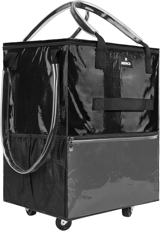Reusable Grocery Bag On Wheels, 70L Foldable Rolling Tote Bag 6-Pocket, Heavy Duty Shopping Cart, Collapsible Portable Shopping Trolley Zippered Top, Lightweight Grocery Camping Travel, Medium Black by Unknown