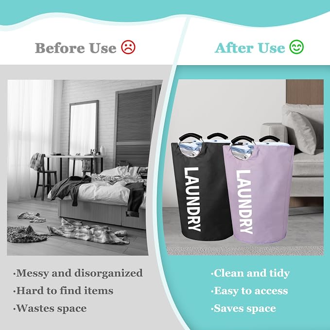 WOOHA 2 Pack 125L XX-Large Laundry Basket, Heavy Duty Laundry Hamper with Padded Aluminum Handles, 600D Oxford Fabric Storage Bag for Comforters, Pillows, Dorm & Bedroom, Black+Purple - Image 3