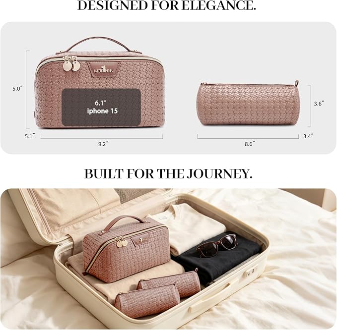 Travel Makeup Bag for Women: Designer 3 Pcs Set Cosmetic Bags for Women - Large Capacity Vagen Leather Hand-made for Toiletry Organizer - Ladies Travel Flat Open Essentials for Luxury (10Brown) - Image 5