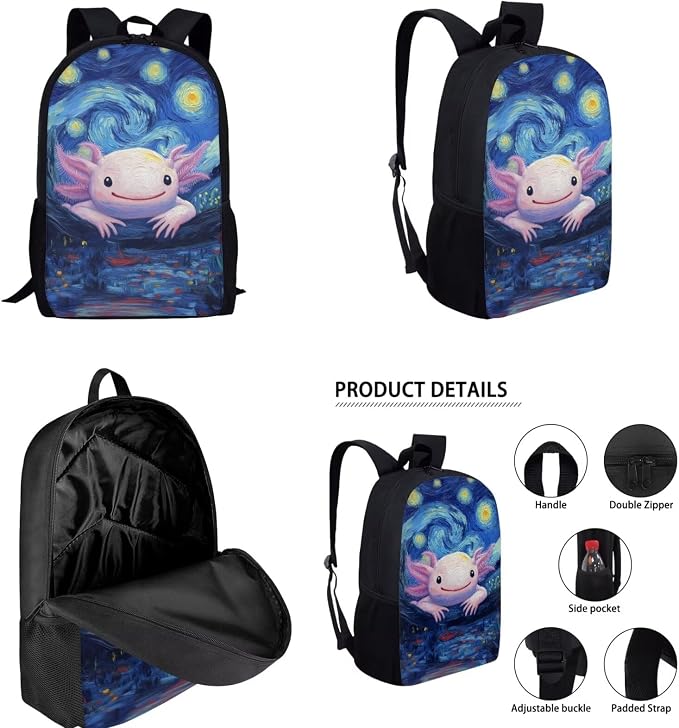 Axolotl Backpack with Lunch Box Set for Girls 6-8/5-7 Starry Night Bookbag for 2nd Grade Elementary School Back Pack Lunch Bag Pencil Case 4PCS Kids Book Bags Lunchbox Water Bottle Holder - Image 2