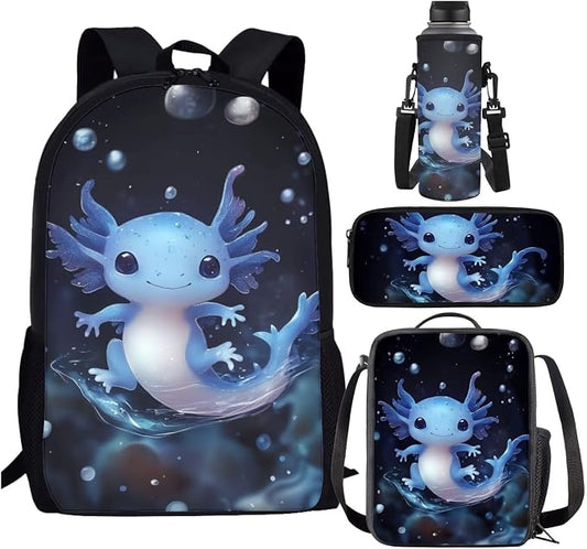 Blue Axolotl Backpack and Lunch Box Set Girl 6-8/4-6/8-10 Kids Bookbags for 1st Grade 4PCS Elementary School Back Pack with Lunch Bag Pencil Case Water Bottle Carrier 17in Student Schoolbag by SCRAWLGODDreamWardrobe