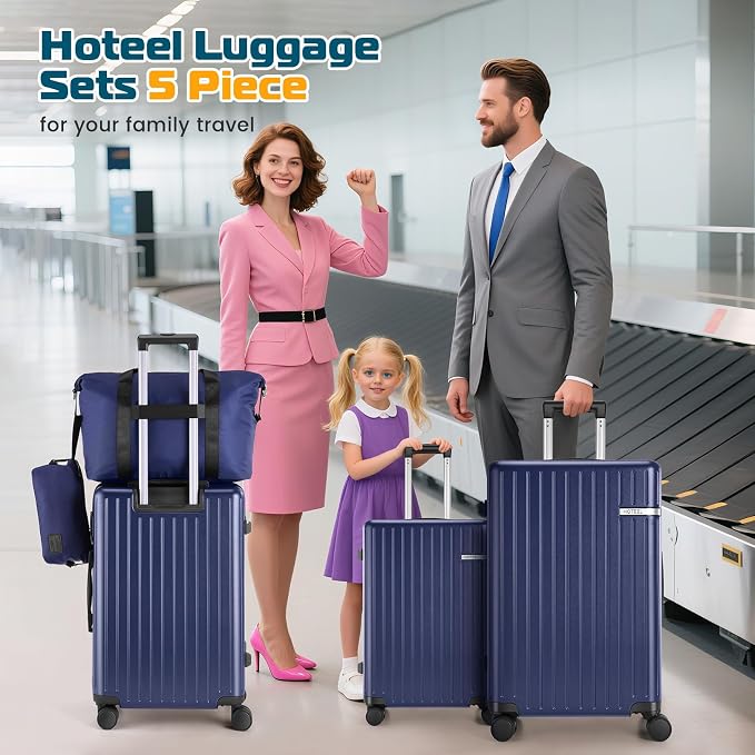 Hoteel Luggage Sets 5 Piece (4-YEARS WARRANTY), ABS+PC Suitcases with Wheels and Side Hook, Hardshell 20/24/28 inch Luggage with Duffel Bag Travel Bag, Dark Blue - Image 2