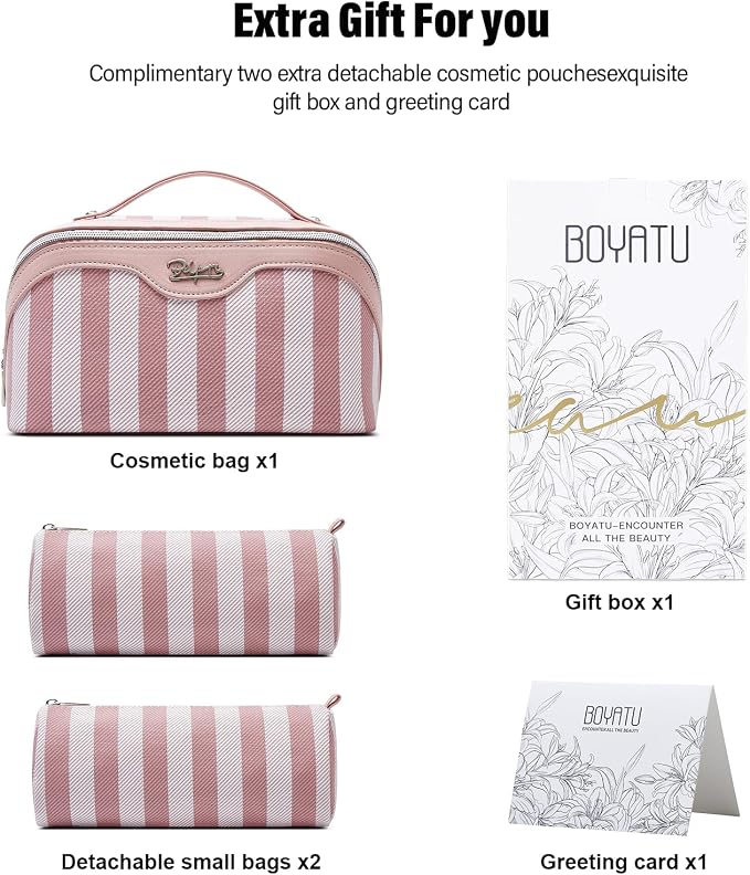 BOYATU Travel Makeup Bag Cosmetic Bag for Women: 3 Pcs Set Striped Make up Bag with Compartments - Waterproof Vegan Leather Toiletry Bags with Handle - Makeup Organizer for Travel Essentials(A-3-Pink) - Image 6