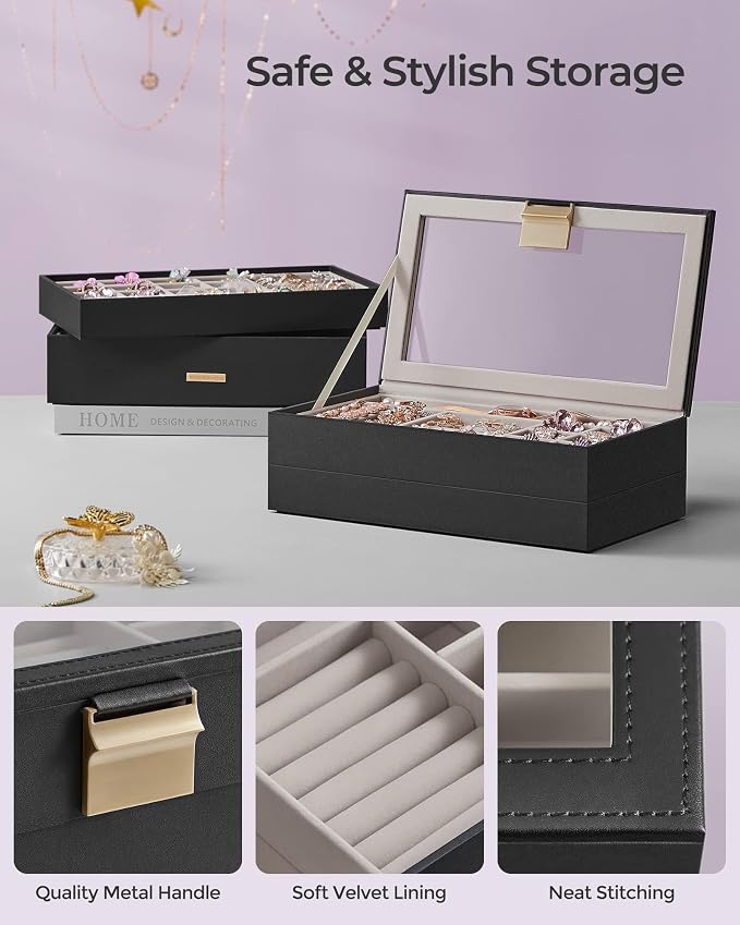 SONGMICS GISELLA Collection - Stackable Jewelry Trays, 4-Tier Jewelry Box, Drawer Jewelry Organizer, with Glass Lid, Removable Dividers, 6.7 x 11 x 7.2 Inches, Gift Idea, Ink Black UJBC164B01 - Image 5
