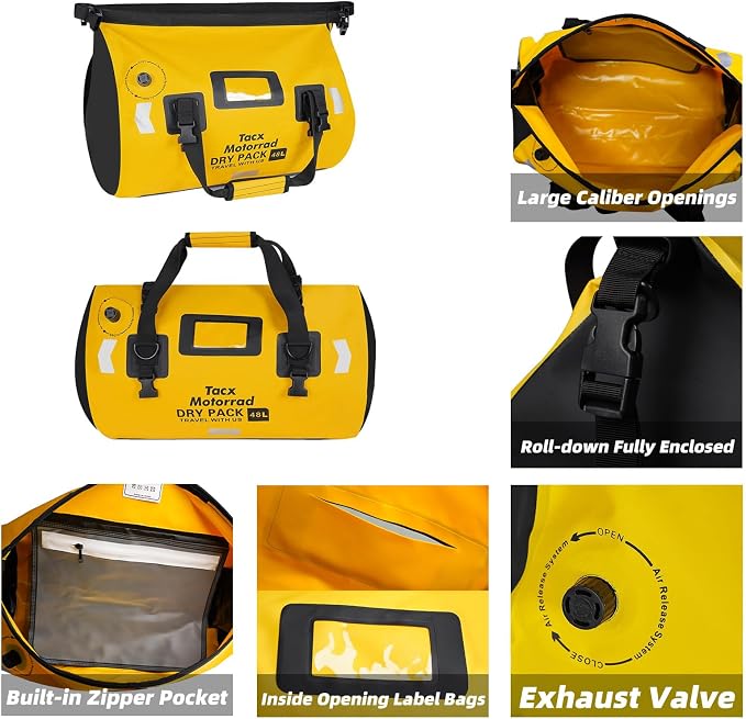 Waterproof Duffel Bag for Men/Women, Roll-top Dry Backpack Duffel Bag with Quick-fixed Straps, Motorcycle Tail Saddle Bag for Motorcycling, Rafting, Boating, Kayaking, Travel, 48L-Yellow - Image 5