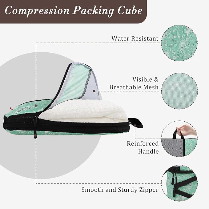 U+U 10 Set Compression Packing Cubes - Ultralight Travel Organizers with Laundry Bag and Cosmetic Bag, Space-Saving Suitcase Organizer for Travel, Business Trip and Family Vacation (Green Paisley) - Image 2