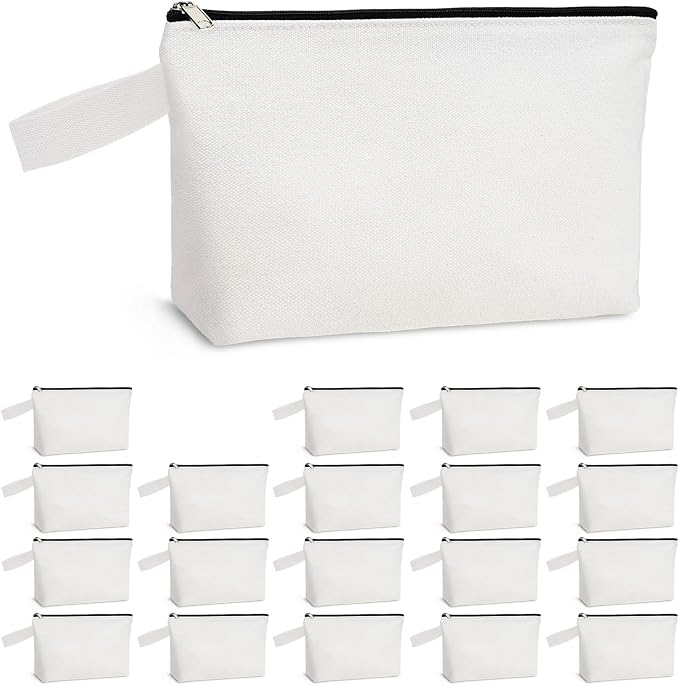 Koolmox 20 Pack 12Oz Blank Makeup Bags with Bottom and Strap, Multi-purpose Large Canvas Zipper Toiletry Organization Pouch Blank Bag for HTV Crafts (White Bag w/Black Zipper, L, 12.2x7.4x 2.7'') by Koolmox