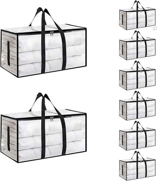 8 Pack-Extra Large Heavy Duty Moving Bags - Waterproof Storage Totes with Handles & Zippers, Foldable for College Dorm, Storage (Clear) by Unknown