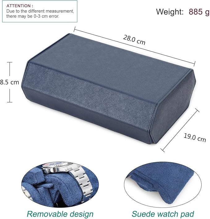 Hiram Genuine Leather Hexagon Watch Roll Travel Case, Leather 8-Watches Roll Case with Removable Pillow Cushion for Treasured Watches and Bracelets-Blue - Image 3