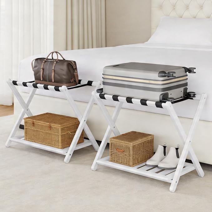 Luggage Rack for Guest Room - Set of 2 Full Assembled 26.77" L Luggage Rack Stand for Suitcases, Foldable Luggage Holder with Shoe Shelf for Bedroom, Hotel (White Bamboo Suitcase Stands) - Image 7
