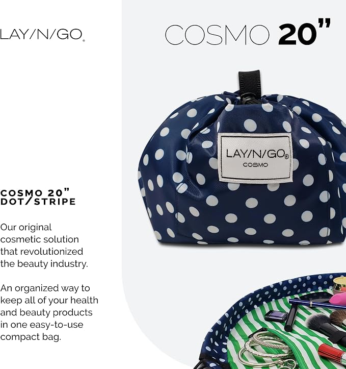 Lay-n-Go Cosmo Layflat Drawstring Cosmetic & Makeup Bag Organizer w/Zipper Pocket, Brush Loops & More, Cinch to Close, Lay Flat to Use, Durable, Machine Wash, Travel Toiletry Bag (20", Navy/Green) - Image 2