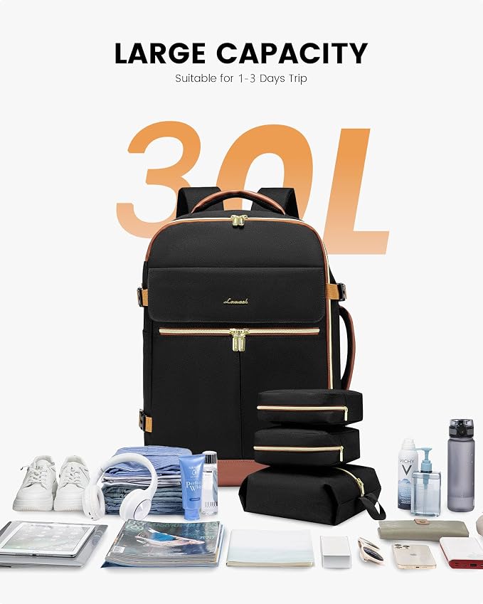 LOVEVOOK Carry On Backpack, 30L Travel Backpack Women with 3 Packing Cubes, TSA Airline Approved Suitcase Bag as Personal Item, Waterproof 15.6 inch Laptop Backpack for Weekender Overnight,Black-Brown - Image 8