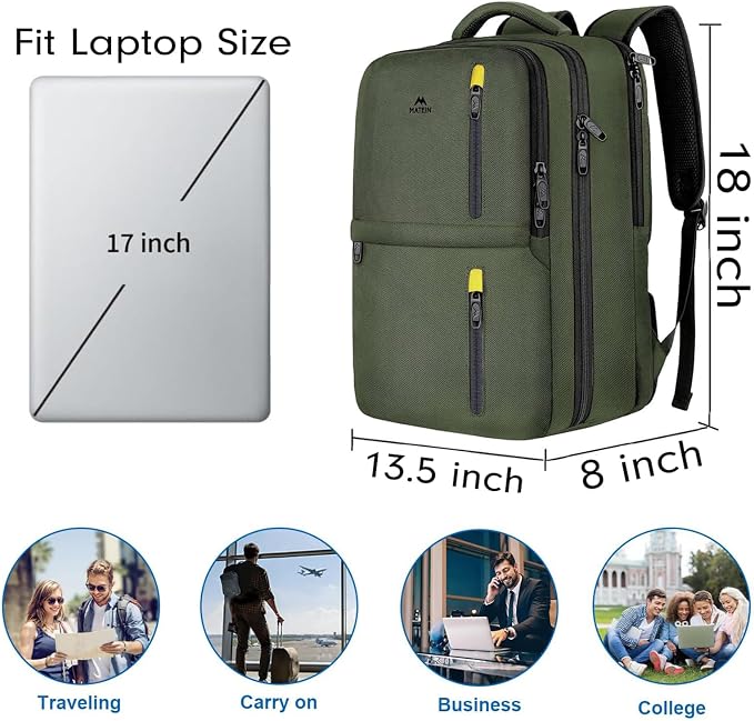 MATEIN Carry on Travel Laptop Backpack, Large Personal Item Travel Backpack | Flight Approved, Shoe Compartment, Water Resistant, Weekender Overnight Bag, Fit 17 Inch Laptop, Green - Image 2