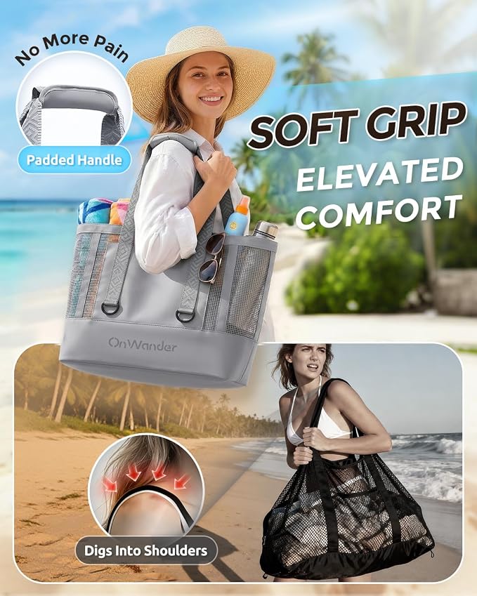 Large Mesh Beach Bag, Waterproof Bottom Tote, Structured Design Waterproof Pocket, Sandproof Pool Bag for Cruise Gym - Image 8