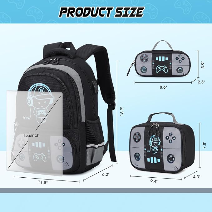 Bevalsa Backpack for School Boys, Cool Luminous Gamer Boys Schoolbag with Lunch Box & Pencil Case Set for Kids Teens Elementary Middle School, Bookbag Glow In The Dark(Black Backpack) - Image 3