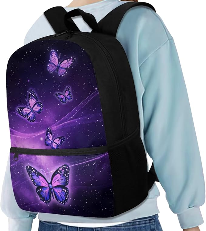 Galaxy Butterfly Backpack for Kids Girls Backpack with Lunch Box Water Bottle Carrier with Strap and Big Pencil Case 4PCS Set Bookbag with Front Pocket for School 17" Lightweight School Bag - Image 2