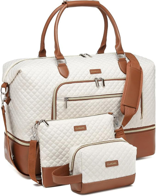 Weekender Bags for Women Travel, Under Seat Carry On Bags for Airplanes Overnight Bag with Shoe Compartment Luggage Sleeve, Foldie Travel Tote Bag Hospital Bag, Travel Gifts, Beige Brown by Unknown