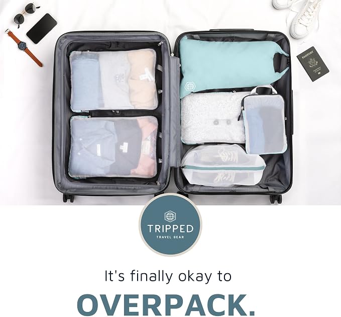 Large Packing Cube Set with See Through Mesh- Compression Packing Cubes Travel Organizers by TRIPPED Travel Gear (Dusty Teal) - Image 7