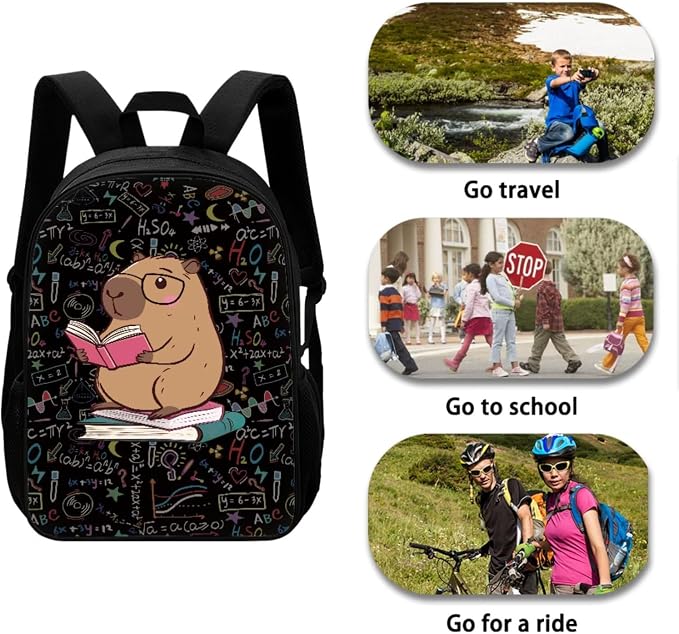 Capybara Book Print Reusable School Bookbag Set for Boys and Girls, Lightweight Large Backpack Set with Insulated Lunch Bag Pen Case, Durable Knapsack Set for School or Travel, Black - Image 3