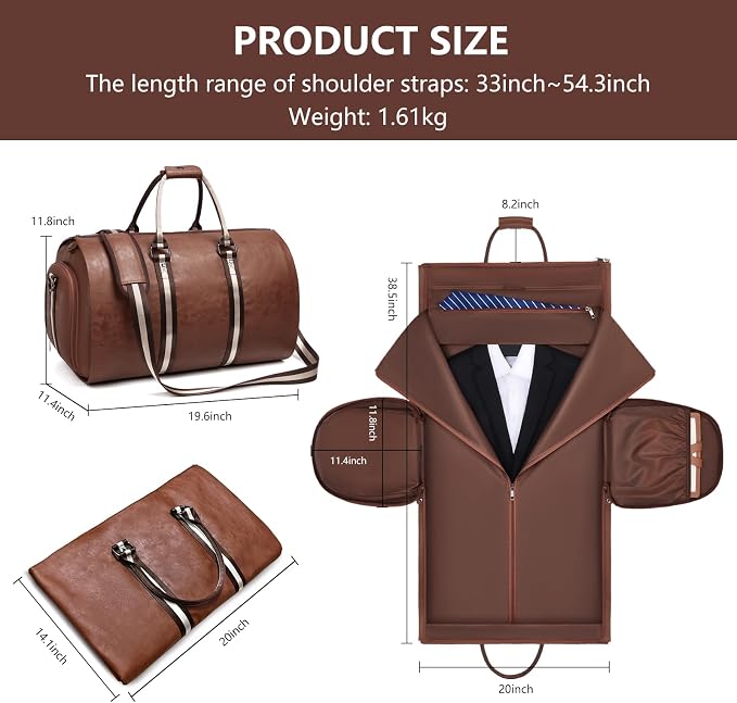Leather Garment Bags for Travel, Convertible Carry on Garment Duffel Bag for Men, 2 in 1 Waterproof Foldable Travel Suit Bag with Shoulder Strap Weekender Bag with Shoe Pouch - Image 4