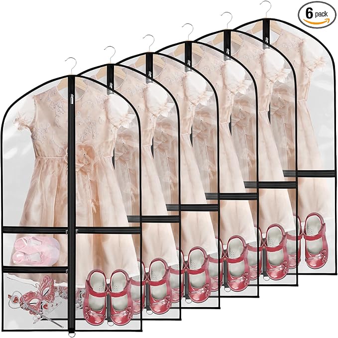 Clear Garment Bags for Dance Costumes, 40” Dance Garment Bags for Dancers, Kids Garment Bag for Dance Competitions with 3 Zipper Pockets, Garment Bags for Hanging Clothes, 6 Pack, Black by Kntiwiwo