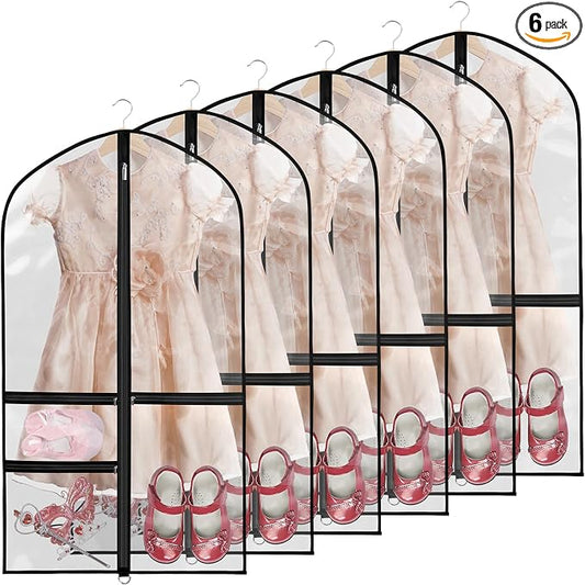 Clear Garment Bags for Dance Costumes, 40” Dance Garment Bags for Dancers, Kids Garment Bag for Dance Competitions with 3 Zipper Pockets, Garment Bags for Hanging Clothes, 6 Pack, Black by Kntiwiwo